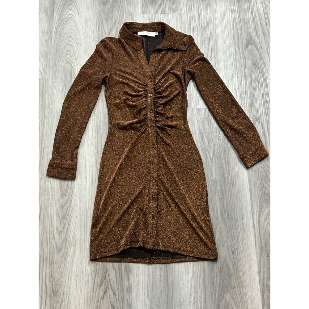 ASTR The Label Copper Metallic Ruched Button Down Long Sleeve Mini Dress Medium